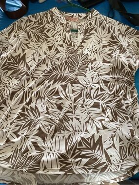 Amiana Brown and White Tropical Leaf Print Top